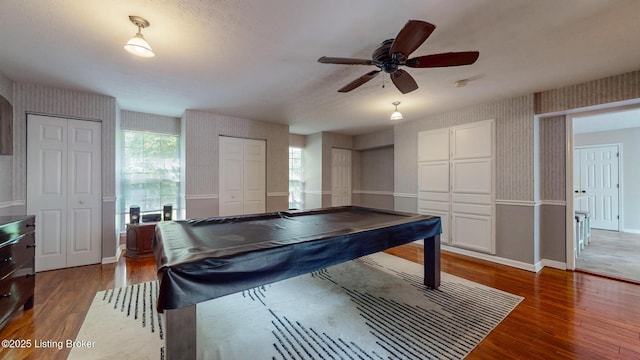 512 Valley College Dr, Louisville, KY 40272 - playroom with wallpapered walls, wood finished floors, billiards, ceiling fan, and baseboards
