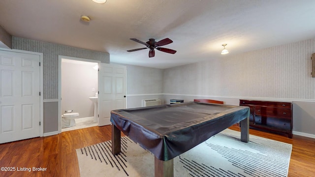 512 Valley College Dr, Louisville, KY 40272 - game room featuring wood finished floors, wallpapered walls, a ceiling fan, baseboards, and billiards table