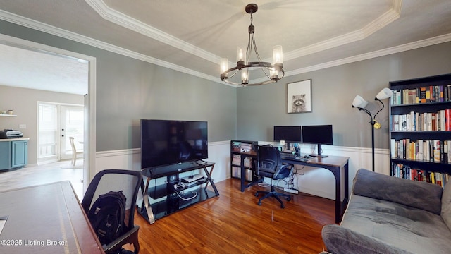 512 Valley College Dr, Louisville, KY 40272 - office space featuring wood finished floors, crown molding, a chandelier, wainscoting, and a raised ceiling