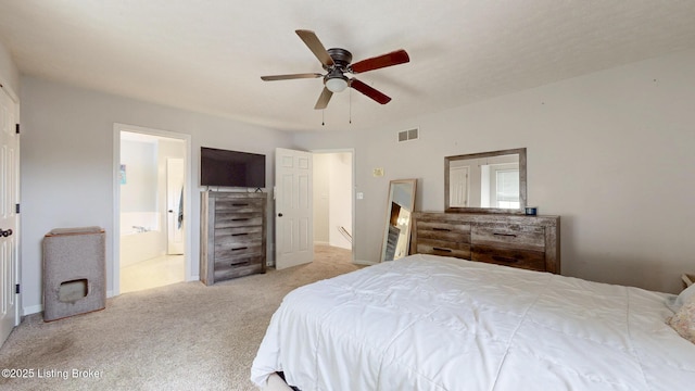 512 Valley College Dr, Louisville, KY 40272 - bedroom with light colored carpet, ensuite bathroom, and ceiling fan