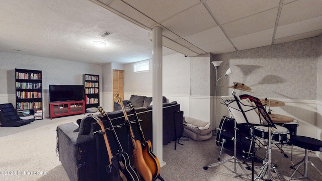 512 Valley College Dr, Louisville, KY 40272 - rec room featuring a wainscoted wall, carpet, and wallpapered walls