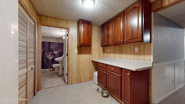 512 Valley College Dr, Louisville, KY 40272 - kitchen with light carpet, light countertops, wood walls, and a textured ceiling