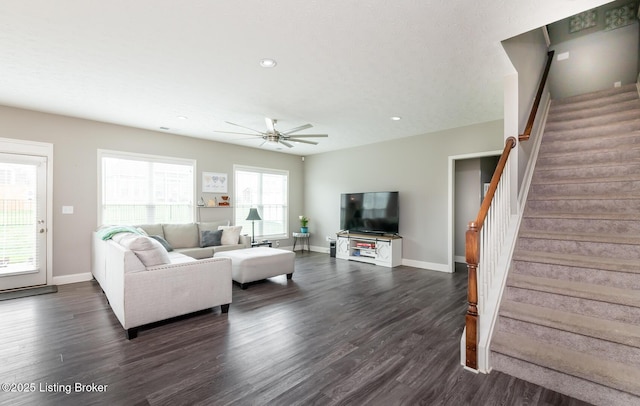 17121 Piton Way, Louisville, KY 40245 - living area with stairway, dark wood-style floors, a ceiling fan, baseboards, and recessed lighting