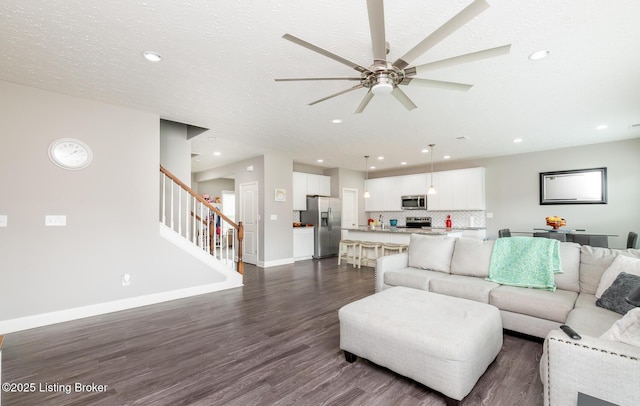 17121 Piton Way, Louisville, KY 40245 - living room with dark wood-style flooring, stairs, ceiling fan, and recessed lighting