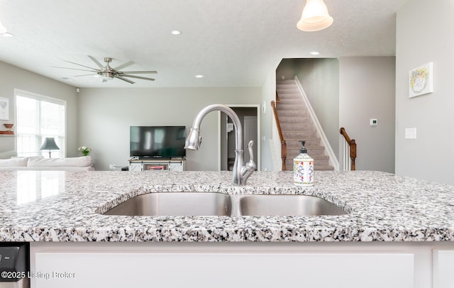 17121 Piton Way, Louisville, KY 40245 - kitchen with a sink, ceiling fan, open floor plan, light stone counters, and recessed lighting