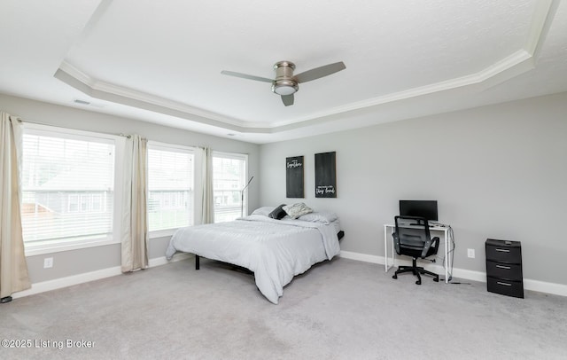 17121 Piton Way, Louisville, KY 40245 - bedroom featuring a raised ceiling, ornamental molding, light carpet, baseboards, and ceiling fan