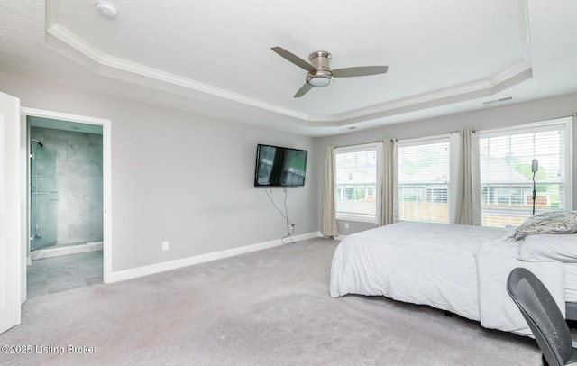 17121 Piton Way, Louisville, KY 40245 - carpeted bedroom with a raised ceiling, crown molding, baseboards, ensuite bathroom, and a ceiling fan