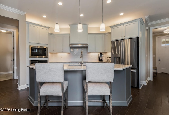 1911 Dressage Cir, Louisville, KY 40245 - kitchen with stainless steel fridge with ice dispenser, built in microwave, tasteful backsplash, ornamental molding, and baseboards