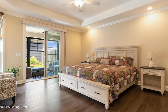 1911 Dressage Cir, Louisville, KY 40245 - bedroom featuring access to exterior, dark wood-style floors, baseboards, a tray ceiling, and recessed lighting
