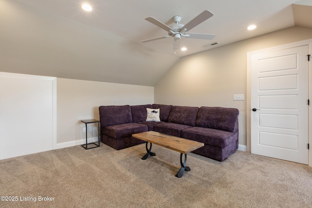 1911 Dressage Cir, Louisville, KY 40245 - carpeted living area with ceiling fan, vaulted ceiling, recessed lighting, and baseboards
