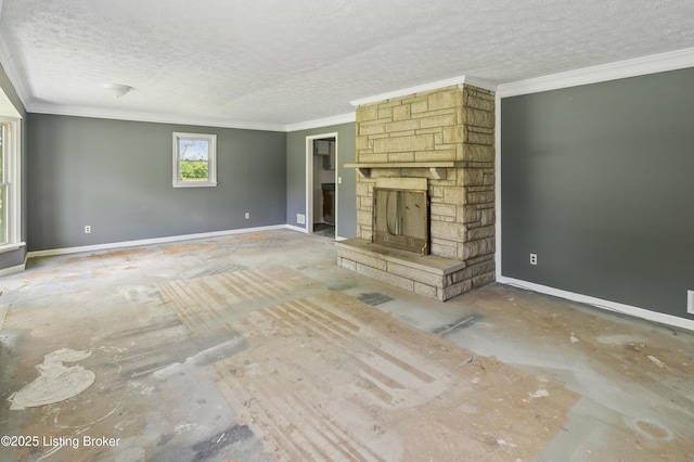 360 Pumpkin Rd, Shepherdsville, KY 40165 - unfurnished living room with a textured ceiling, baseboards, a stone fireplace, and ornamental molding