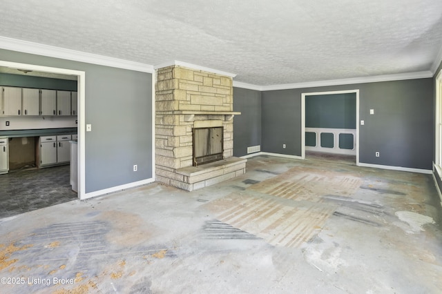360 Pumpkin Rd, Shepherdsville, KY 40165 - unfurnished living room featuring baseboards, ornamental molding, a fireplace, and a textured ceiling