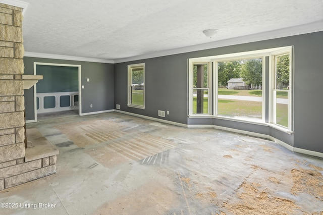 360 Pumpkin Rd, Shepherdsville, KY 40165 - unfurnished living room with a textured ceiling, crown molding, and baseboards