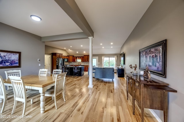 4605 Clarkhurst Cir, Smithfield, KY 40068 - dining space featuring ornate columns, light wood-style floors, lofted ceiling, and recessed lighting