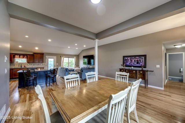 4605 Clarkhurst Cir, Smithfield, KY 40068 - dining room with ornate columns, light wood-type flooring, recessed lighting, baseboards, and vaulted ceiling