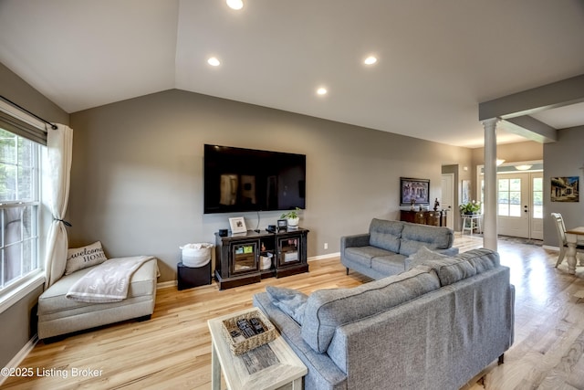 4605 Clarkhurst Cir, Smithfield, KY 40068 - living area with decorative columns, light wood-style flooring, baseboards, lofted ceiling, and recessed lighting