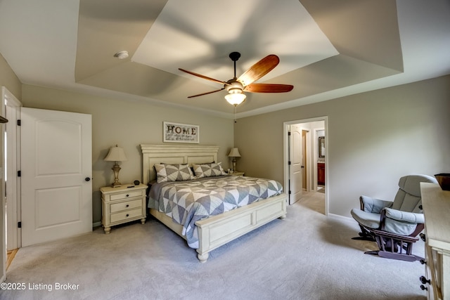 4605 Clarkhurst Cir, Smithfield, KY 40068 - bedroom featuring a tray ceiling, light colored carpet, baseboards, and a ceiling fan