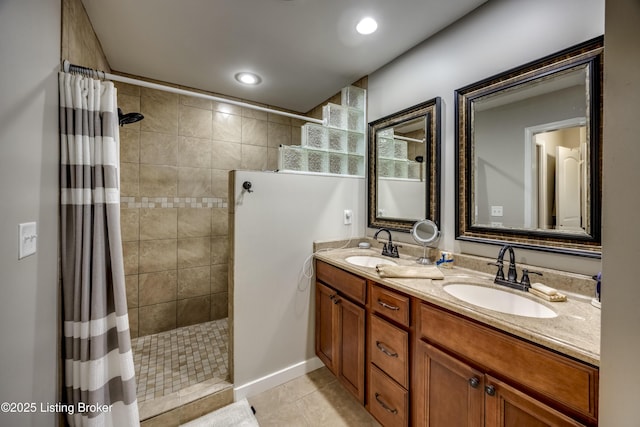 4605 Clarkhurst Cir, Smithfield, KY 40068 - bathroom with tiled shower, double vanity, and tile patterned floors
