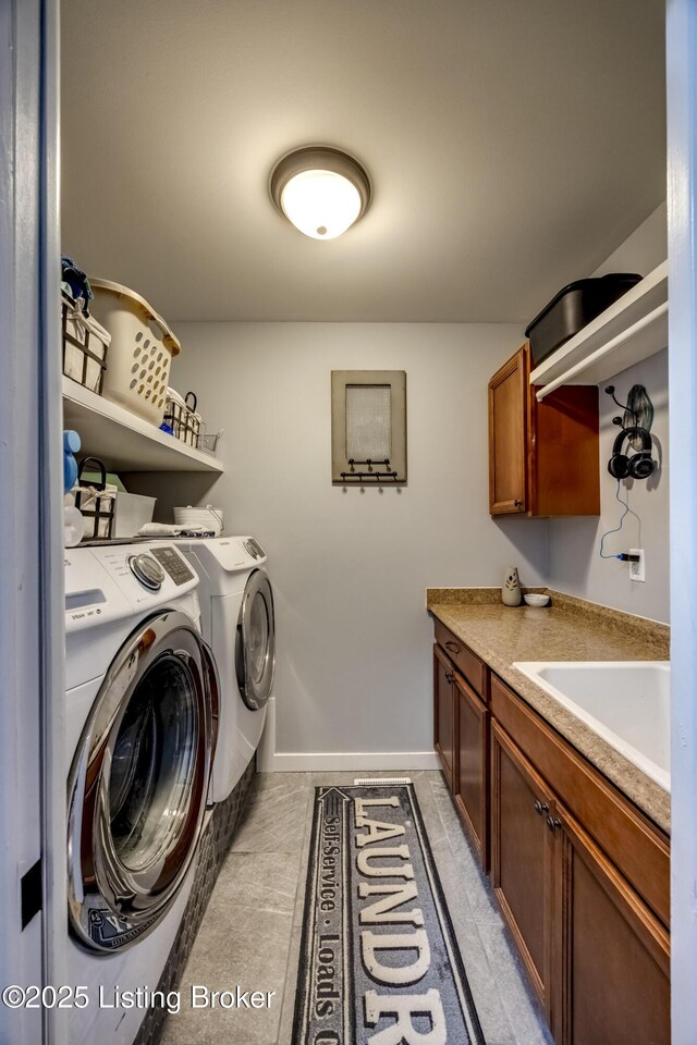 4605 Clarkhurst Cir, Smithfield, KY 40068 - laundry room with cabinet space, washing machine and dryer, baseboards, and light tile patterned flooring