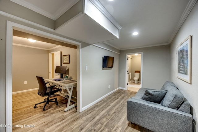 4605 Clarkhurst Cir, Smithfield, KY 40068 - office area featuring light wood-style flooring, baseboards, ornamental molding, and recessed lighting