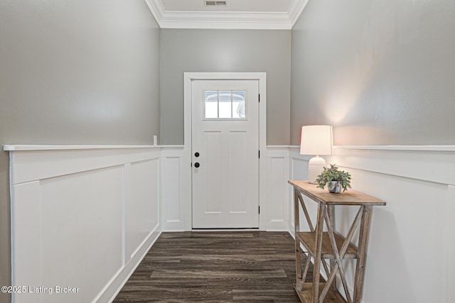 10938 Pheasant Hill Cir, Louisville, KY 40229 - foyer with a decorative wall, ornamental molding, a wainscoted wall, and dark wood-style floors