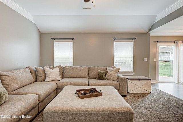 10938 Pheasant Hill Cir, Louisville, KY 40229 - living area with plenty of natural light, a ceiling fan, ornamental molding, and baseboards