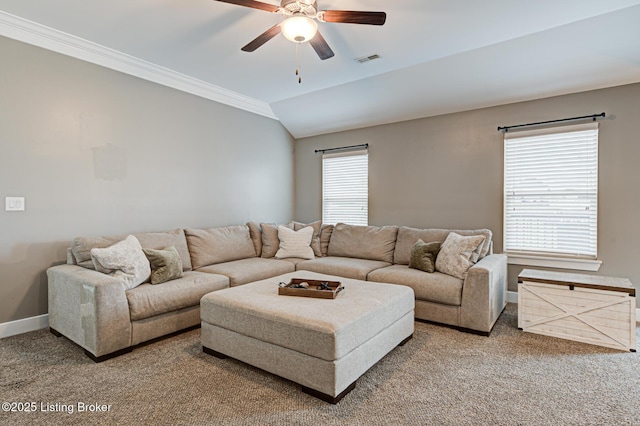 10938 Pheasant Hill Cir, Louisville, KY 40229 - living room featuring carpet floors, ceiling fan, baseboards, ornamental molding, and vaulted ceiling