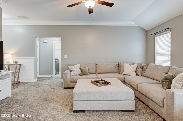 10938 Pheasant Hill Cir, Louisville, KY 40229 - living area with ceiling fan, crown molding, light colored carpet, and wainscoting
