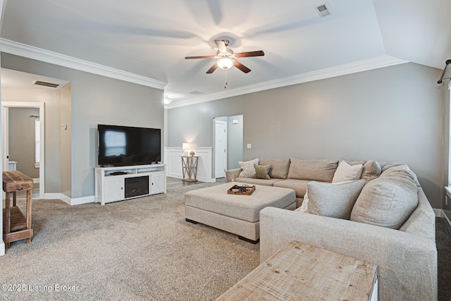 10938 Pheasant Hill Cir, Louisville, KY 40229 - living area featuring a ceiling fan, ornamental molding, and carpet