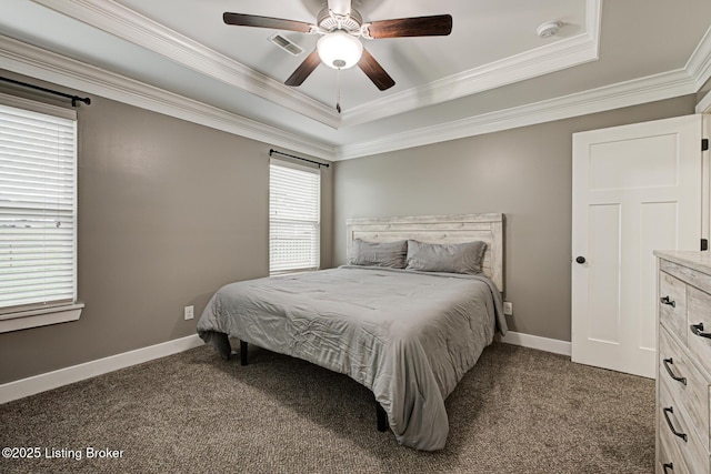 10938 Pheasant Hill Cir, Louisville, KY 40229 - bedroom featuring a raised ceiling, dark carpet, crown molding, baseboards, and ceiling fan