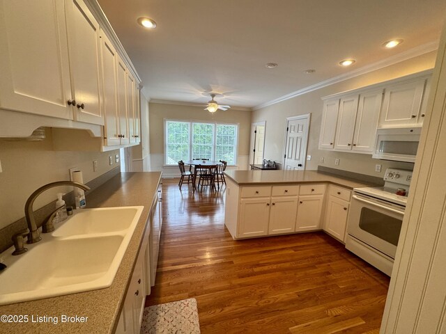 144 Woodhill Rd, Bardstown, KY 40004 - kitchen featuring white appliances, a sink, a peninsula, crown molding, and a ceiling fan