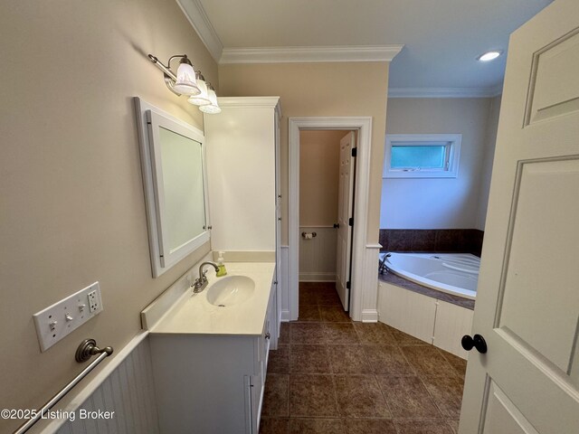 144 Woodhill Rd, Bardstown, KY 40004 - full bathroom with vanity, crown molding, a bath, tile patterned floors, and baseboards