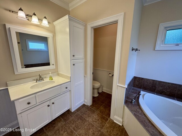 144 Woodhill Rd, Bardstown, KY 40004 - bathroom with vanity, a bath, toilet, crown molding, and tile patterned flooring