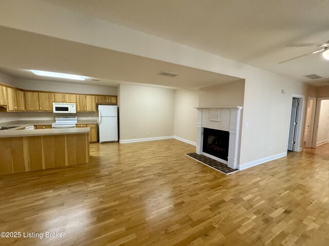 144 Woodhill Rd, Bardstown, KY 40004 - kitchen featuring white appliances, open floor plan, light wood finished floors, and a fireplace