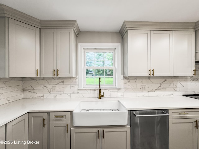 101 Harry Rucker Rd, Bardstown, KY 40004 - kitchen featuring a sink, tasteful backsplash, gray cabinetry, and light countertops