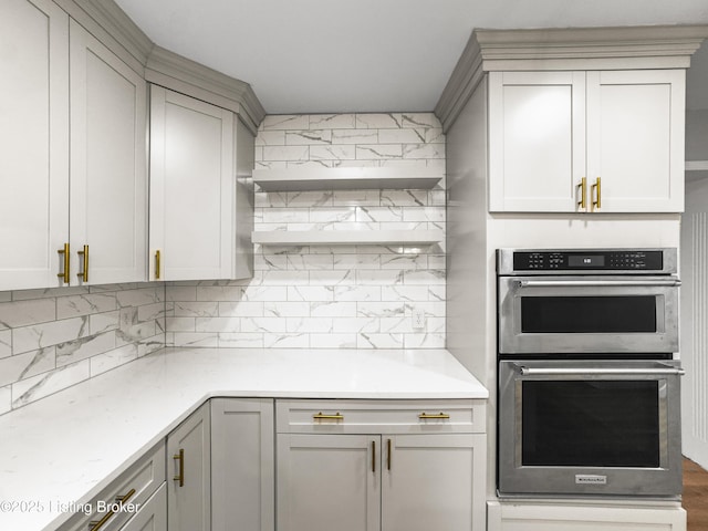 101 Harry Rucker Rd, Bardstown, KY 40004 - kitchen featuring double oven, open shelves, tasteful backsplash, and gray cabinetry