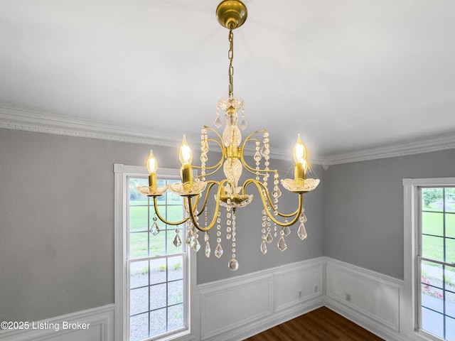 101 Harry Rucker Rd, Bardstown, KY 40004 - detailed view of a chandelier, wainscoting, crown molding, and wood finished floors