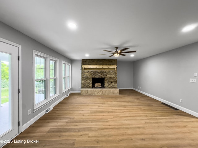 101 Harry Rucker Rd, Bardstown, KY 40004 - unfurnished living room featuring ceiling fan, baseboards, a fireplace, light wood-style flooring, and recessed lighting