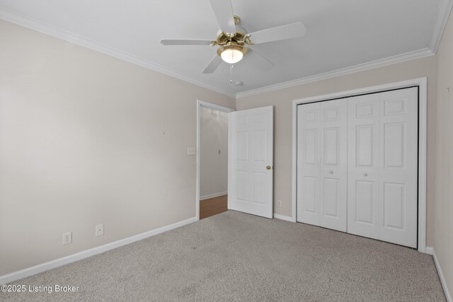 10106 Blossom Tree Way, Louisville, KY 40241 - unfurnished bedroom with carpet floors, crown molding, baseboards, a closet, and a ceiling fan