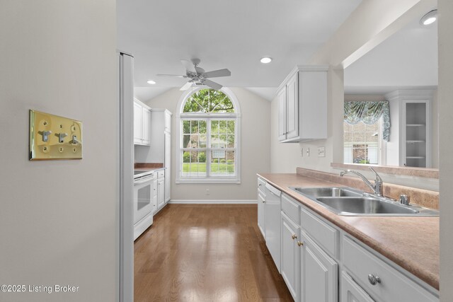 10106 Blossom Tree Way, Louisville, KY 40241 - kitchen featuring white appliances, a sink, a ceiling fan, white cabinets, and wood finished floors