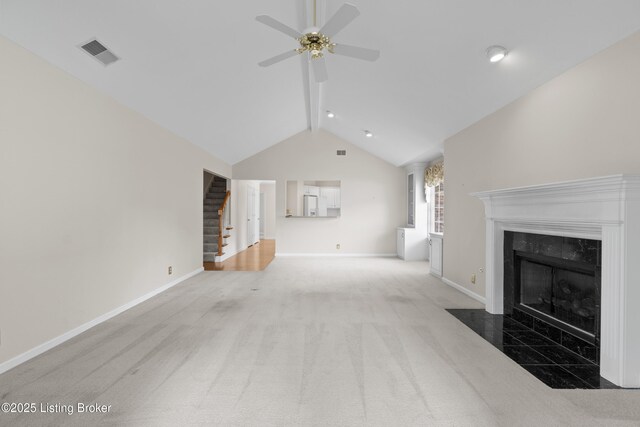 10106 Blossom Tree Way, Louisville, KY 40241 - unfurnished living room featuring ceiling fan, a fireplace, stairway, baseboards, and carpet
