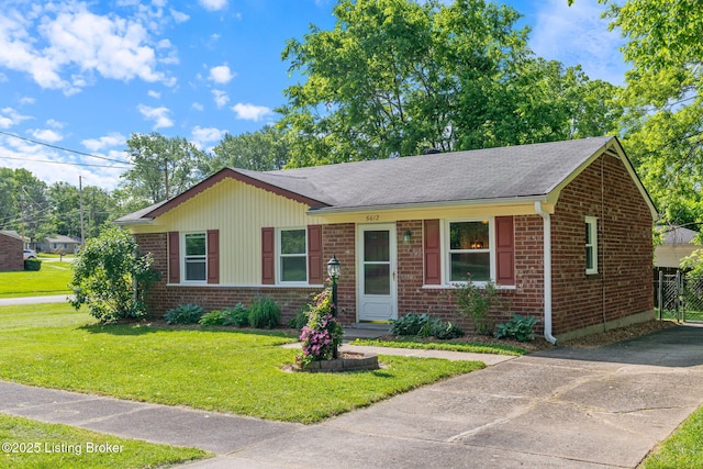 5612 Oakridge Pl, Louisville, KY 40229 - ranch-style house with brick siding, a front lawn, a shingled roof, and concrete driveway