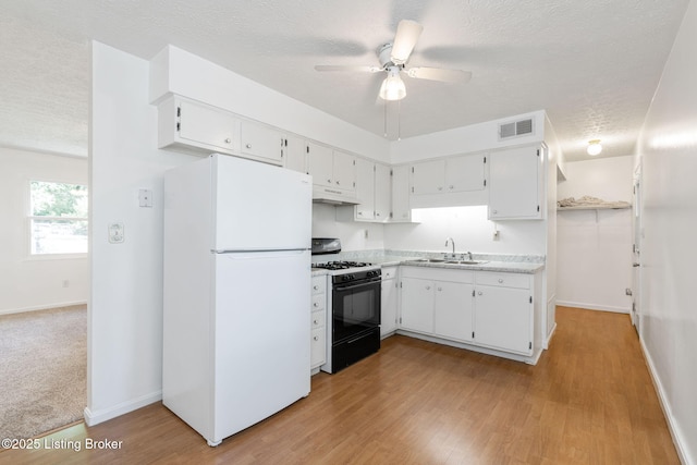 5612 Oakridge Pl, Louisville, KY 40229 - kitchen featuring freestanding refrigerator, gas stove, a sink, a textured ceiling, and under cabinet range hood