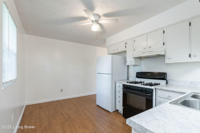 5612 Oakridge Pl, Louisville, KY 40229 - kitchen with gas range oven, under cabinet range hood, freestanding refrigerator, light wood-style flooring, and plenty of natural light