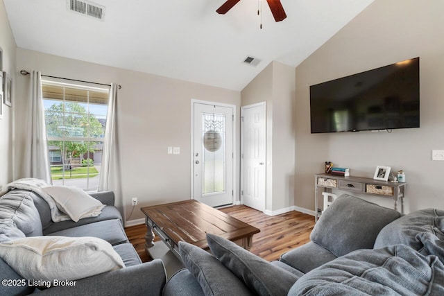 238 Crossfield Dr, Mt Washington, KY 40047 - living room featuring a ceiling fan, wood finished floors, lofted ceiling, and baseboards