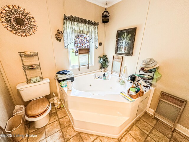1073 Post-Tousey Rd Unit C, Caneyville, KY 42721 - bathroom with a jetted tub, toilet, crown molding, and baseboards