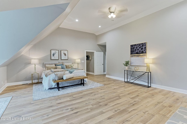 2519 Belknap Beach Rd, Prospect, KY 40059 - bedroom featuring wood finished floors, baseboards, recessed lighting, lofted ceiling, and a ceiling fan
