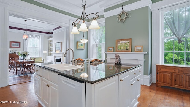 316 E Cross Main St, New Castle, KY 40050 - kitchen with a sink, white dishwasher, crown molding, light wood-style floors, and white cabinets