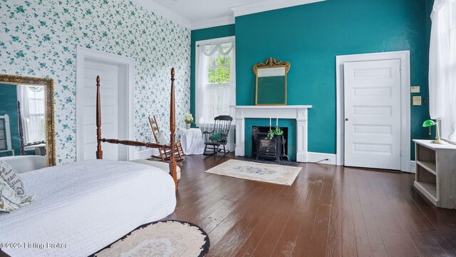 316 E Cross Main St, New Castle, KY 40050 - bedroom featuring wood-type flooring, ornamental molding, wallpapered walls, and baseboards