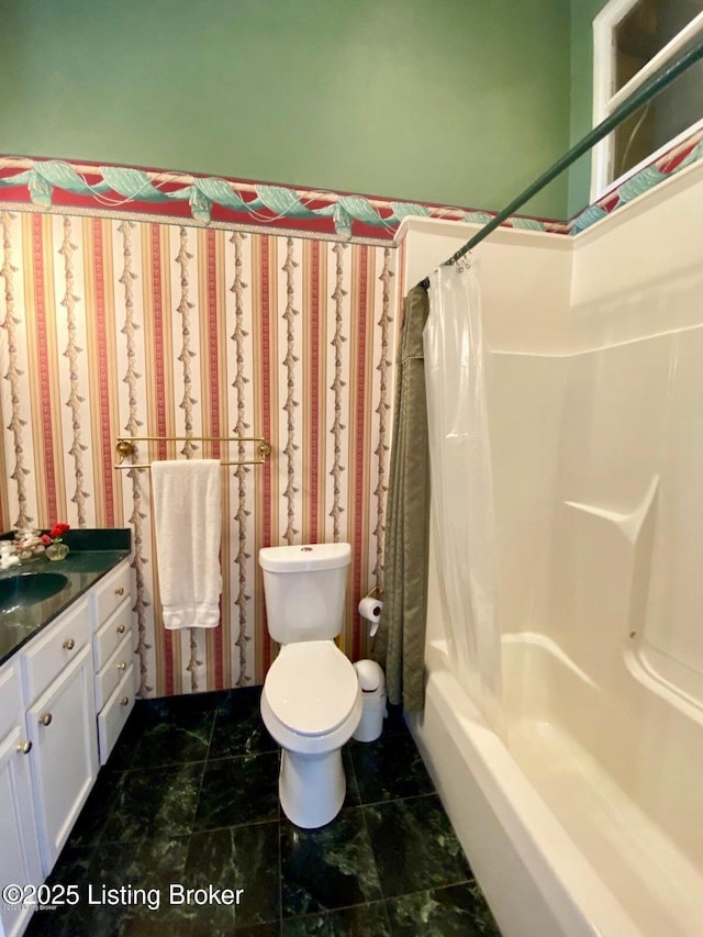 316 E Cross Main St, New Castle, KY 40050 - bathroom featuring vanity, toilet, shower / tub combo with curtain, and marble finish flooring
